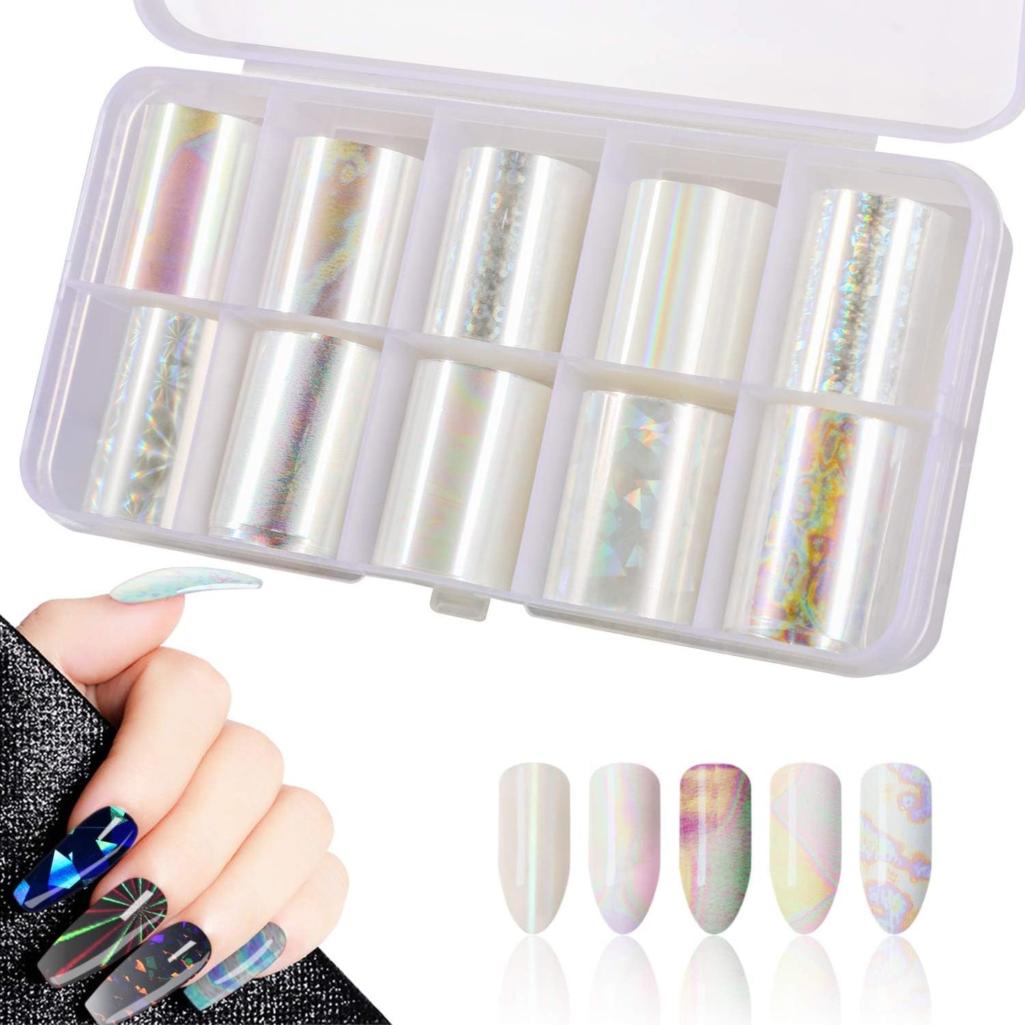 10 Rolls White Pearl Colour Holographic Nail Sticker Roll Set