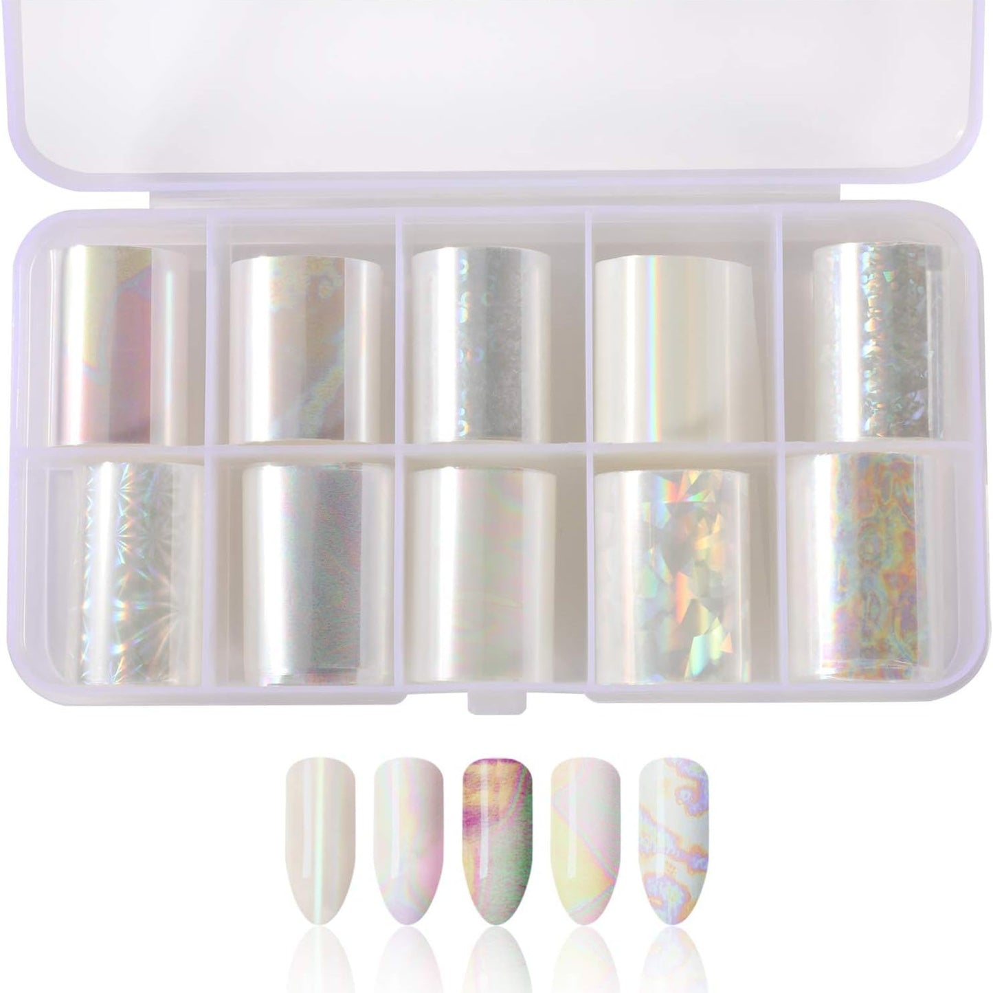 10 Rolls White Pearl Colour Holographic Nail Sticker Roll Set