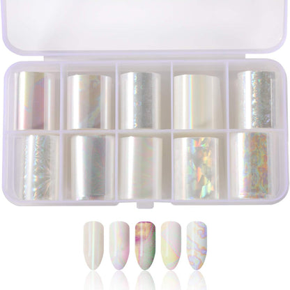 10 Rolls White Pearl Colour Holographic Nail Sticker Roll Set