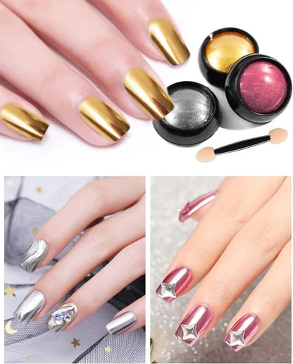 Metallic Chrome Nail Powder Set – 3D Holographic Mirror Effect Each.