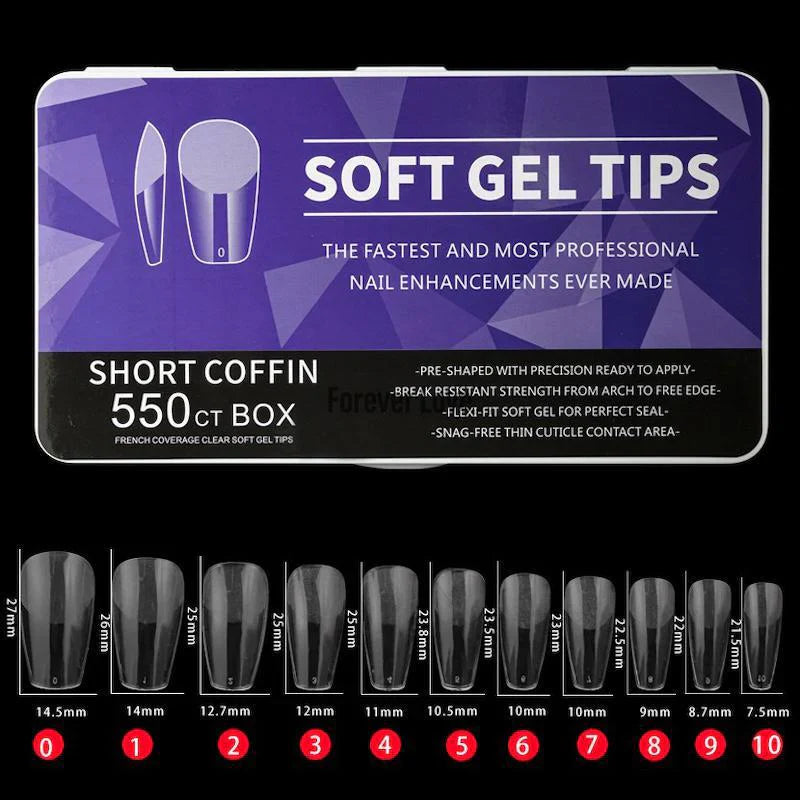 550 Pcs Soft Gel Tips Short Coffin (11 Sizes)
