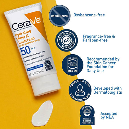 CeraVe 100% Mineral Hydrating Sunscreen SPF 50 | 75ml / 2.5oz